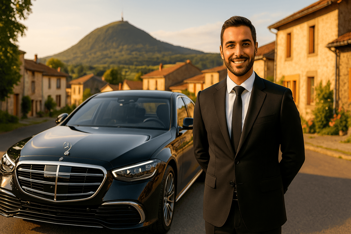 Chauffeur VTC touristique avec des clients en visite des volcans d’Auvergne