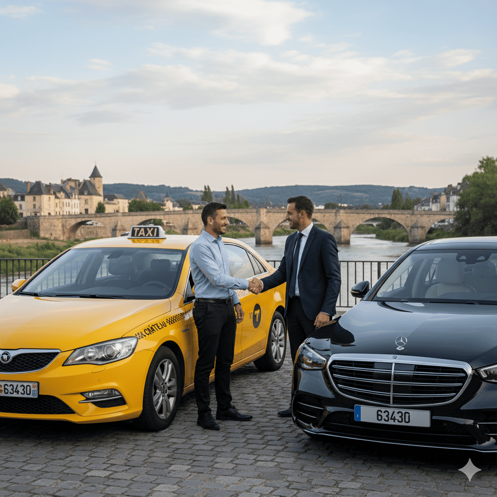 Chauffeur VTC MY VTC Clermont-Ferrand à Pont-du-Château (63430) serrant la main d’un partenaire chauffeur de taxi local devant une Mercedes Classe S noire