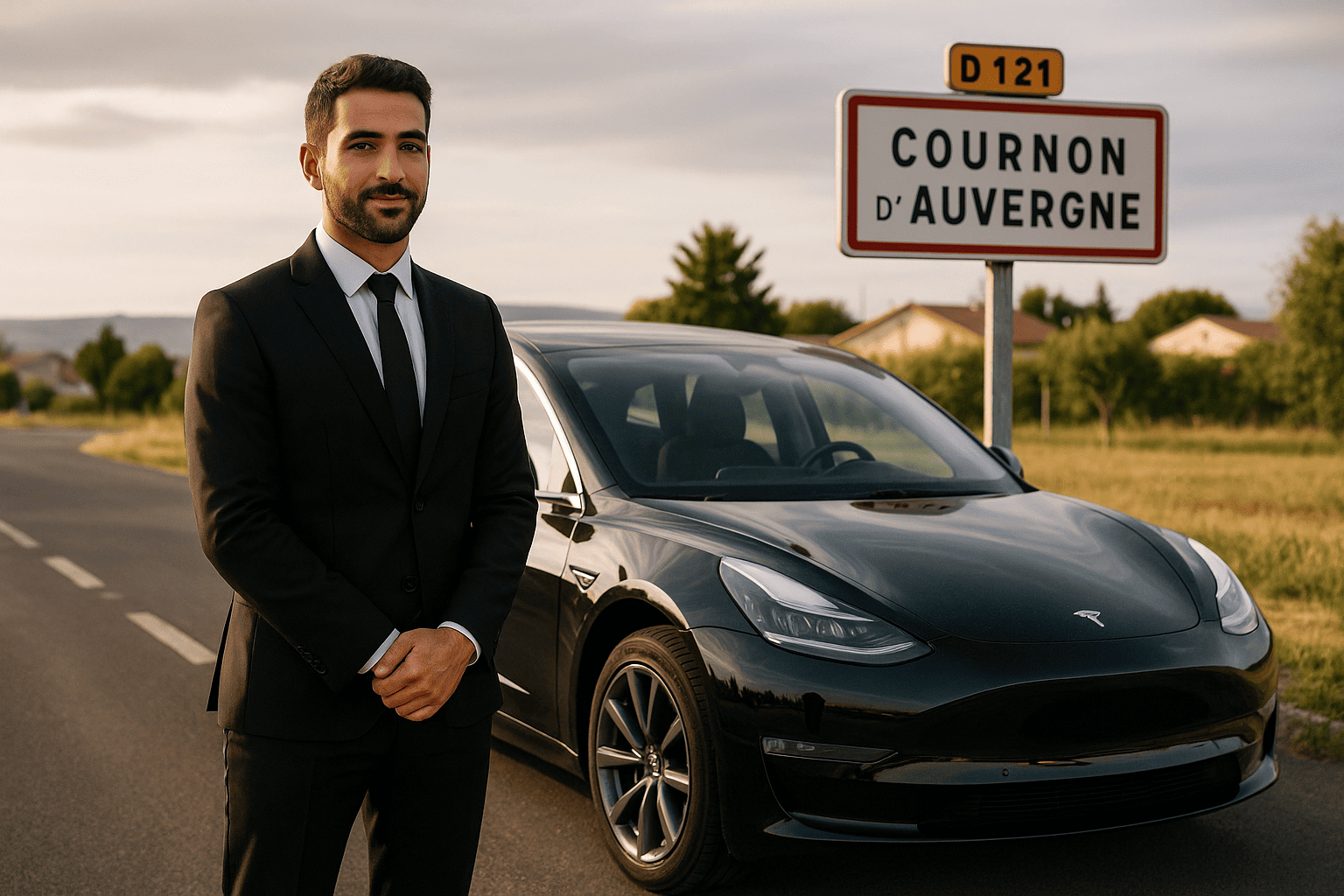Chauffeur VTC à Cournon d'Auvergne devant sa Tesla noire garée au bord d'une route à l'entrée de Cournon d'Auvergne, indiqué par un panneau