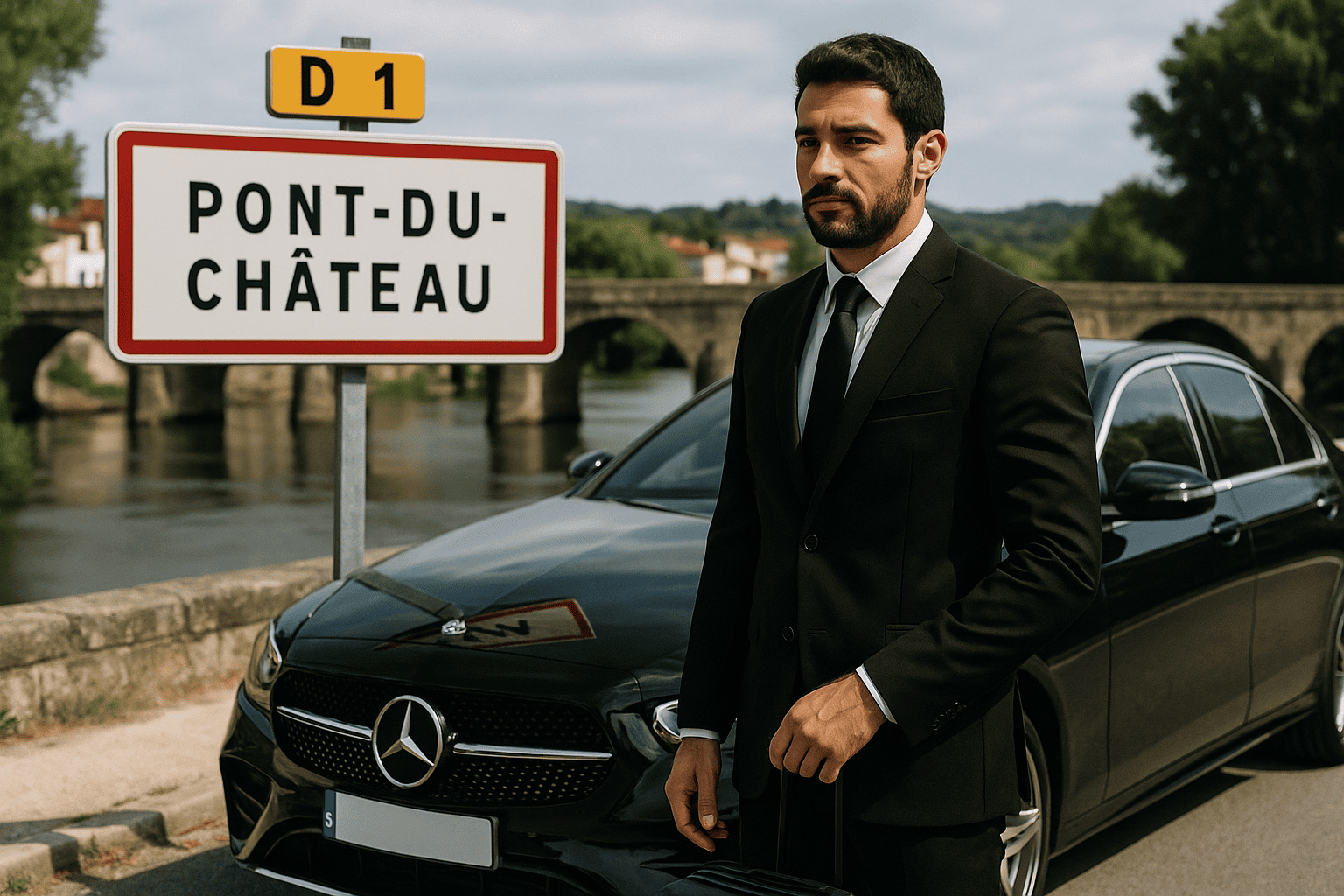 Chauffeur privé MY VTC Clermont-Ferrand à Pont-du-Château devant une Mercedes Classe S noire