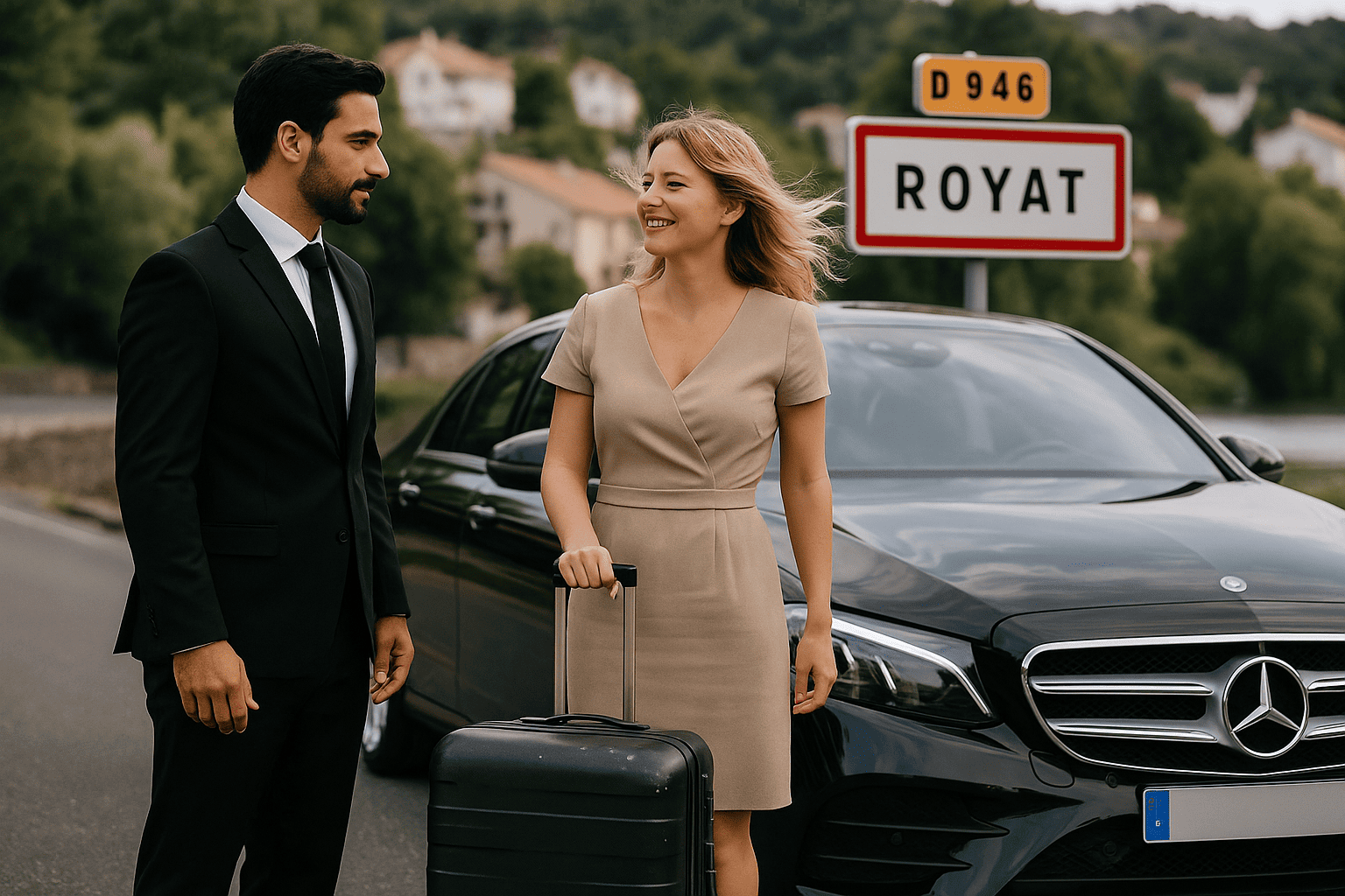 Chauffeur privé accueillant une cliente à Royat (63130) devant une Mercedes Classe E – Service taxi MY VTC Clermont-Ferrand