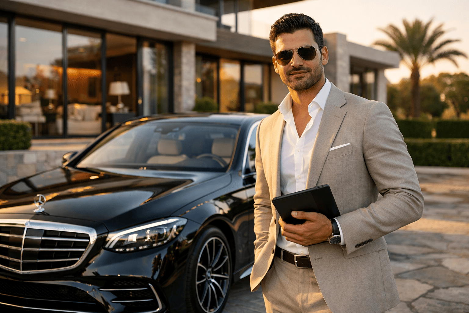 Chauffeur privé à Clermont-Ferrand attend des clients devant une berline