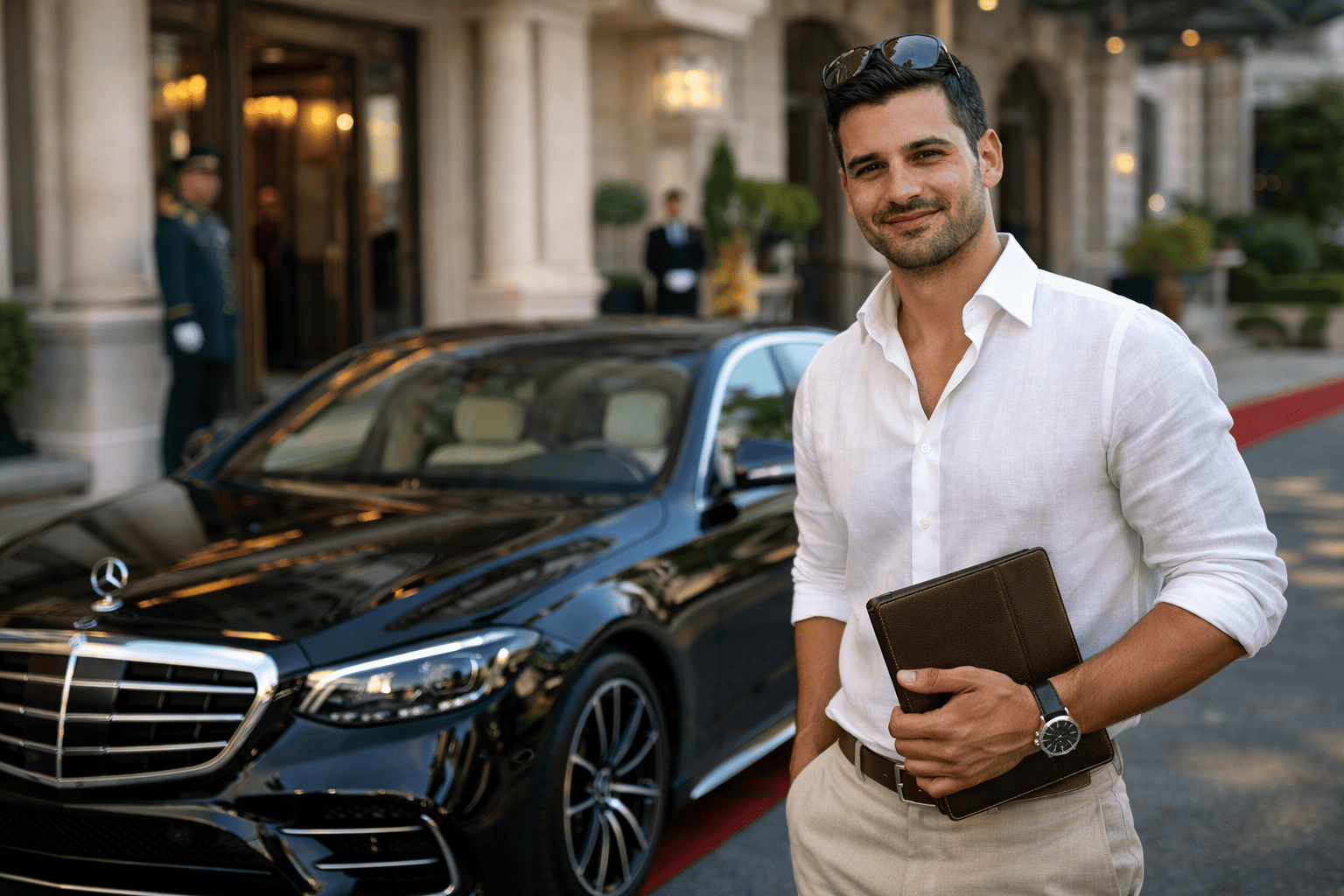 Chauffeur privé en chemise blanche et pantalon beige, tenant un portfolio, à côté d’une Mercedes S-Class 2025 noire devant un hôtel 5 étoiles avec tapis rouge.